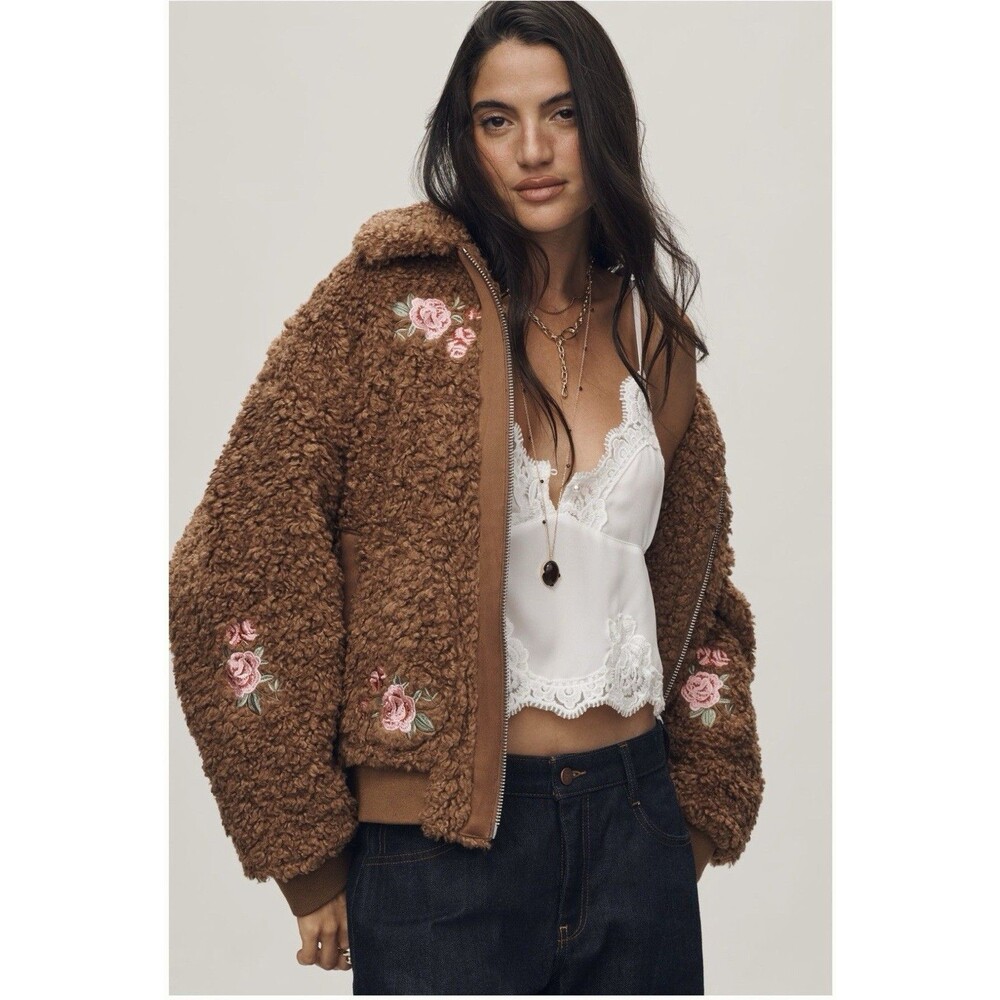 Anthropologie Brown Fleece Floral Embroidered Zip Bomber Jacket Womens M NWT